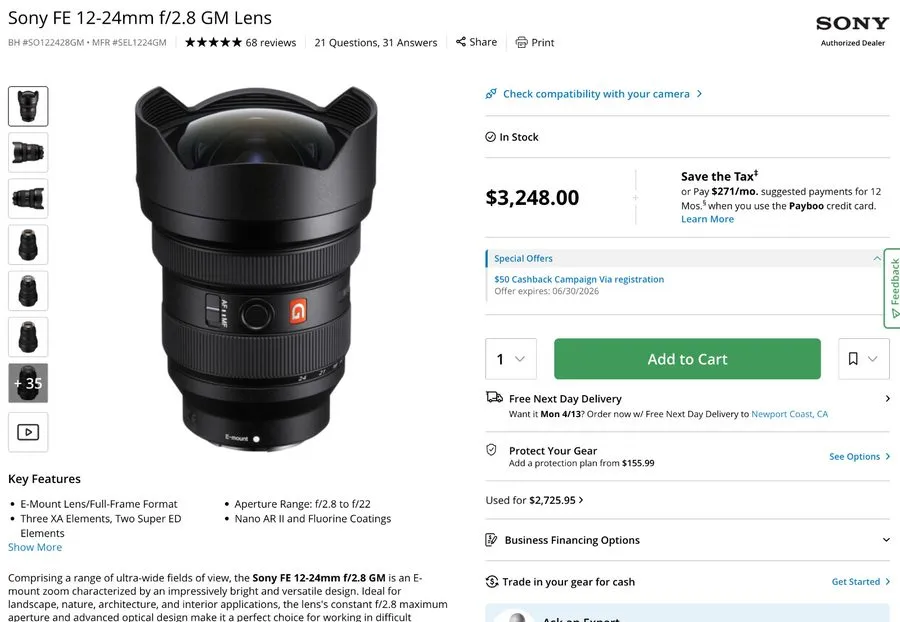 Объектив Sony SEL1224GM FE 12-24mm F2.8 GM Lens
