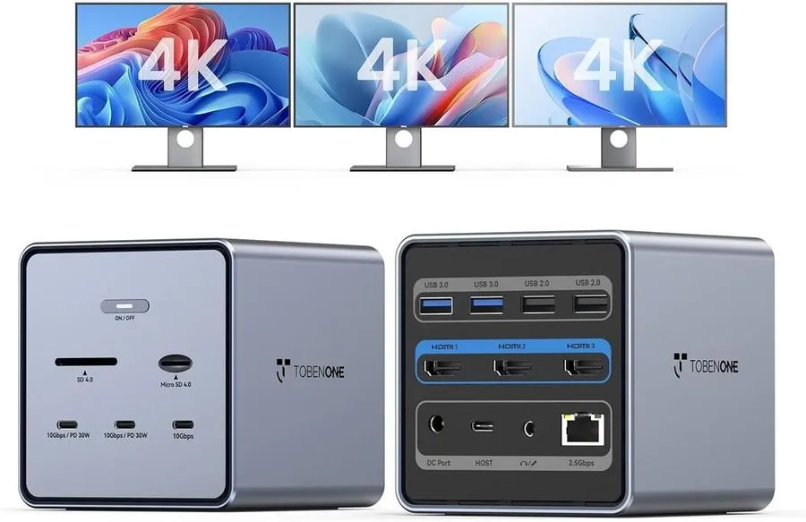 Тестер TobenONE 16-in-1 Laptop Docking Station 𝗧𝗿𝗶𝗽𝗹𝗲 𝟰𝗞 Monitor with 150W...