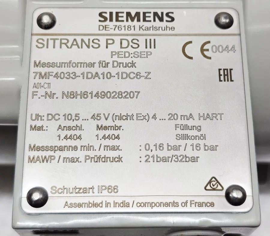Датчик давления SIEMENS 7MF4033-1DA10-1DC6-Z SITRANS P DS3 PRESSURE TRANSMITTER — фото лота 1