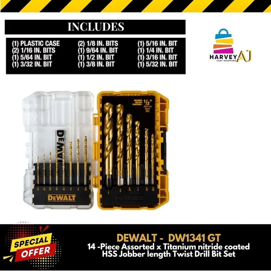 Режущий инструмент DEWALT DW1341 GT 14-Piece Titanium Nitride HSS Jobber Twist D — фото лота 1
