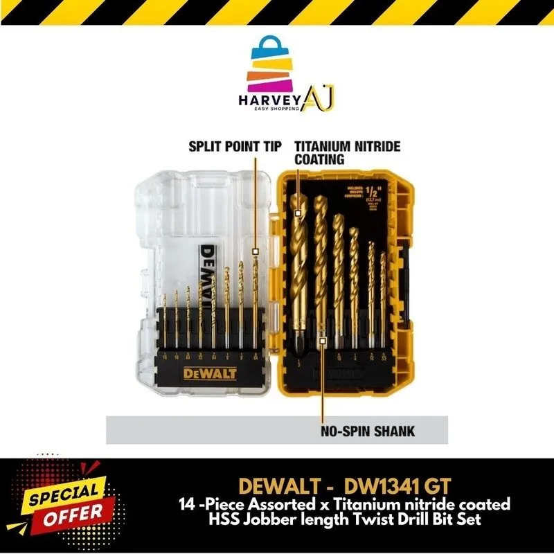 Режущий инструмент DEWALT DW1341 GT 14-Piece Titanium Nitride HSS Jobber Twist D — фото лота 2