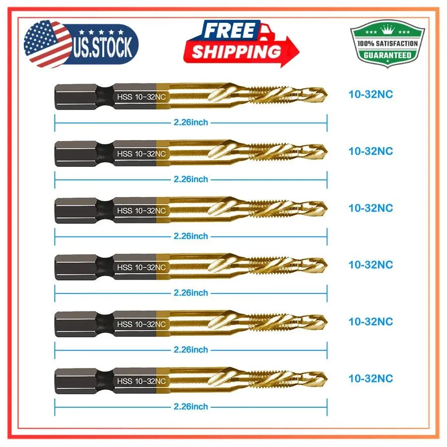 Режущий инструмент 6-pc 10-32NC Combination Drill Tap Bit Set SAE, Thread Size,  — фото лота 2