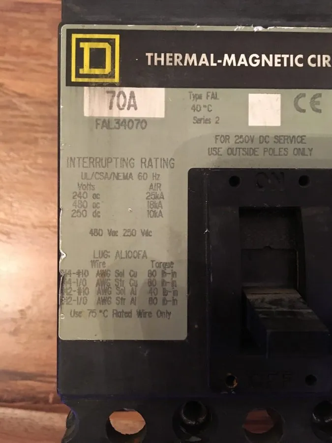 Автоматический выключатель SQUARE D FAL34070 70 AMP 480V 3 POLE CIRCUIT BREAKER 
