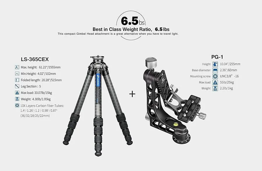 Оборудование видеонаблюдения Leofoto LS-365CEX+PG-1 Leveling Base Tripod & Gimba — фото лота 2