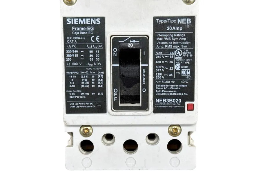 Автоматический выключатель Siemens NEB3B020 20A 3-Pole 480V Type NEB Circuit Bre
