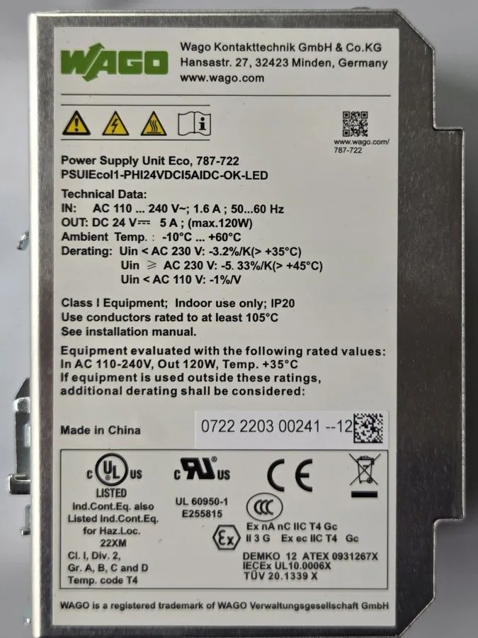 Блок питания WAGO 787-722 Switched Mode Power Supply 24VDC 120W 110-240VAC DIN R