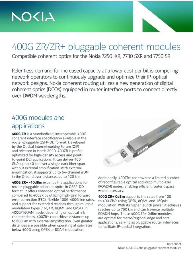 Трансивер Nokia 3HE18360AA QSFP-DD 400G ZR+ Coherent DCO DWDM Optical Transceive
