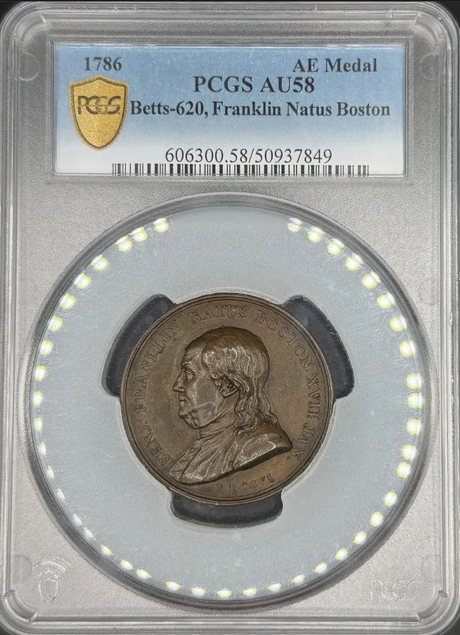 Лабораторный прибор 1786 Benjamin Franklin Medal Betts-620 Natus Boston PCGS AU- — фото лота 1