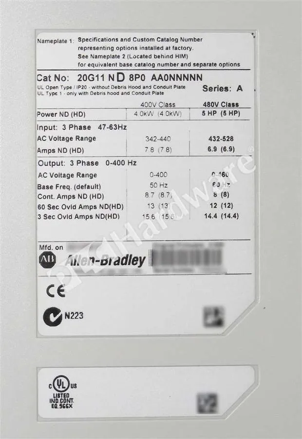 Частотный преобразователь 20G11ND8P0AA0NNNNN Allen-Bradley PowerFlex Air Cooled