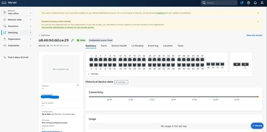 Коммутатор Cisco Meraki MS225-48-HW 48-Port Ethernet Switch *Non-PoE *UNCLAIMED