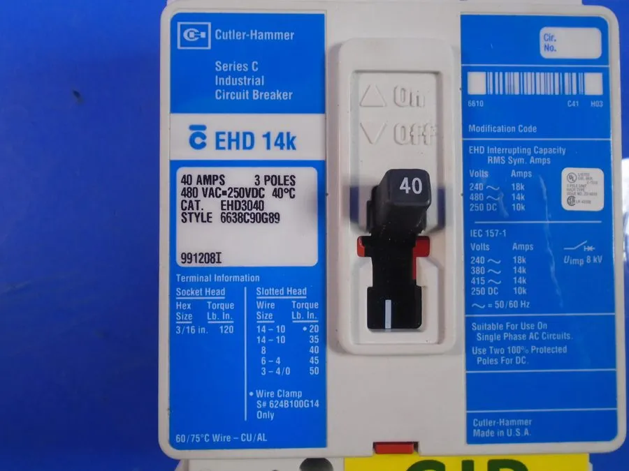 Автоматический выключатель EHD3040 Cutler Hammer 40 Amp 480V 3 Pole Circuit Brea