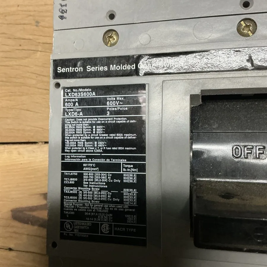 Автоматический выключатель Siemens lxd63s600a Sentron Series 600A 600V 3P Circui — фото лота 2