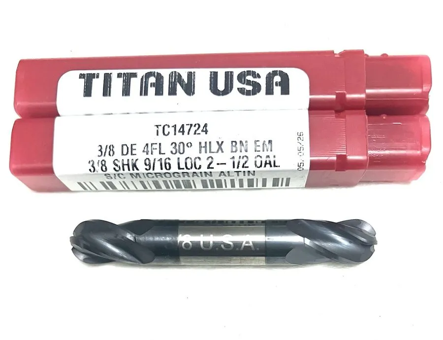Режущий инструмент Titan USA 3/8" 4FL Carbide Double End Mill Ball Nose Stub AlT — фото лота 2