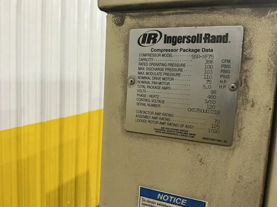 Компрессор 75 HP INGERSOLL-RAND MODEL #SSR-XF75 ROTARY SCREW AIR COMPRESSOR