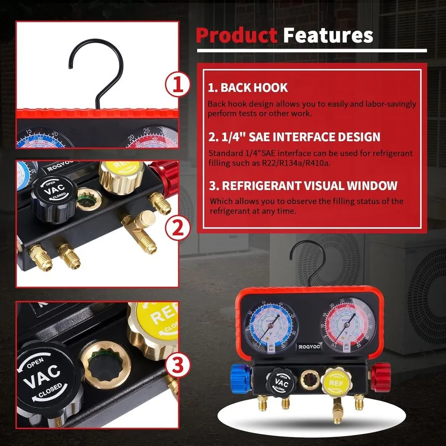 Манометрический коллектор HVAC Manifold Gauge Set R22/R410a/R134a w/ 5FT Hoses & — фото лота 2