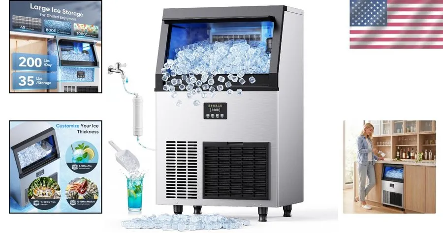 Льдогенератор Commercial Ice Maker Machine 200lbs/Day Ice Cube Machine 40lbs Sto