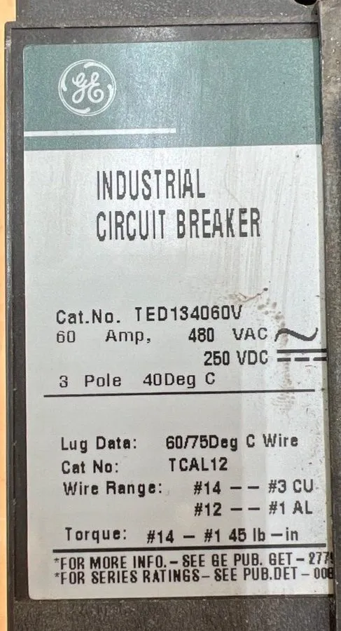 Автоматический выключатель TED134060V~GE TED134060V 60A 3P 480V 18KA Circuit Bre