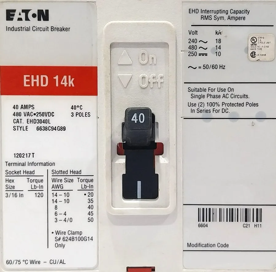 Автоматический выключатель EATON CUTLER HAMMER EHD3040L CIRCUIT BREAKER ED14K 40