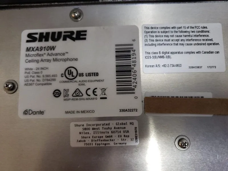 Микрофон Shure MXA910W Microflex Advance White Ceiling Array Microphone Dante Po — фото лота 2