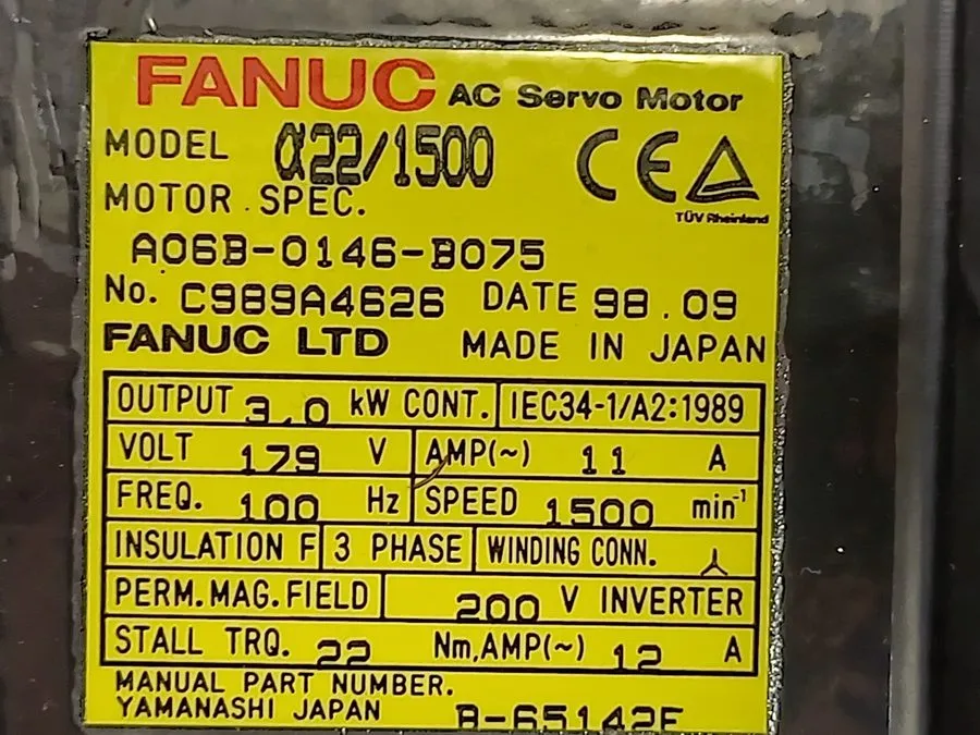 Серводвигатель Fanuc A06B-0146-B075 Ac Servo Motor A22/1500 3.0Kw