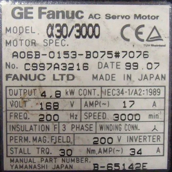 Серводвигатель Fanuc A06B-0153-B075#7008 AC Servo Motor A30/3000 4.8kW 168V 3000