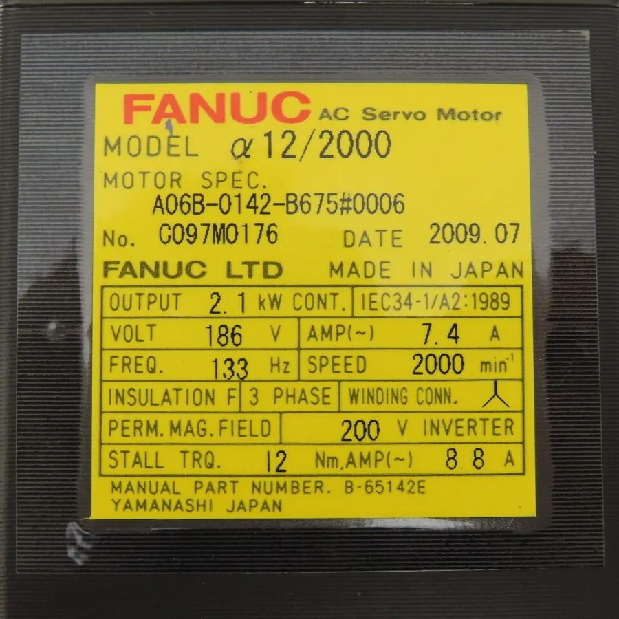 Серводвигатель Fanuc A06B-0142-B675 A12/2000 AC Servo Motor A64 2000 RPM 2.1KW 7