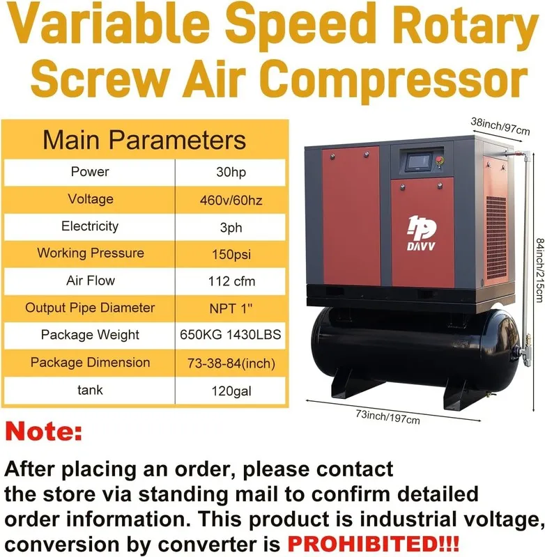 Компрессор 22KW 460V 30HP 3Ph 112CFM VSD Screw Compressor With Air Dryer 120 Gal