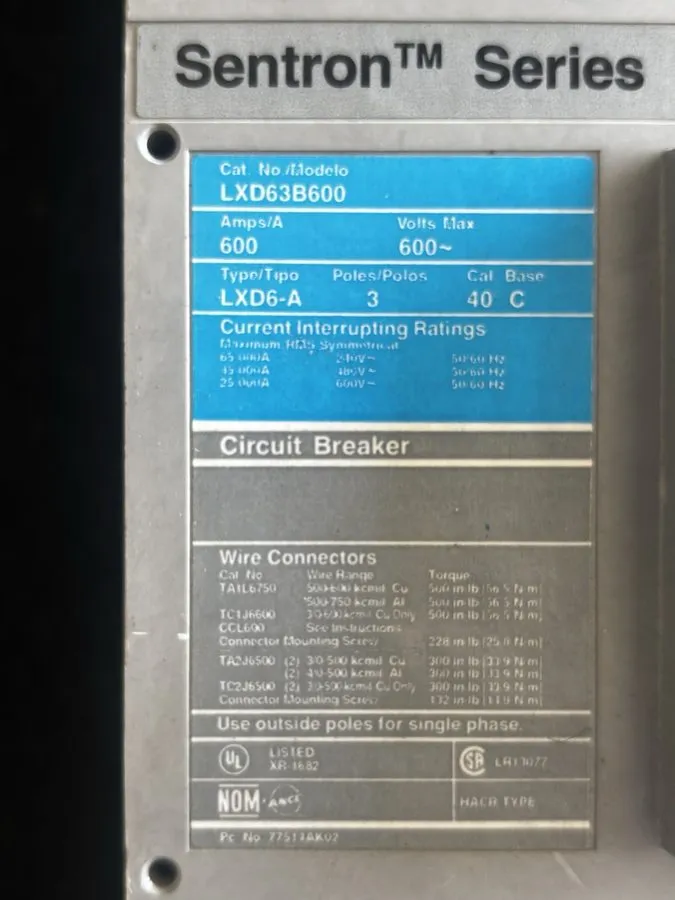 Автоматический выключатель Siemens Sentron LXD63B600 Main Breaker 600A 3-Pole 60