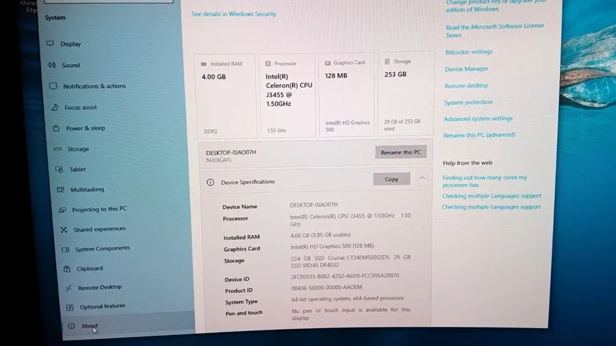 Intel Nuc NUC6CAY Win 10