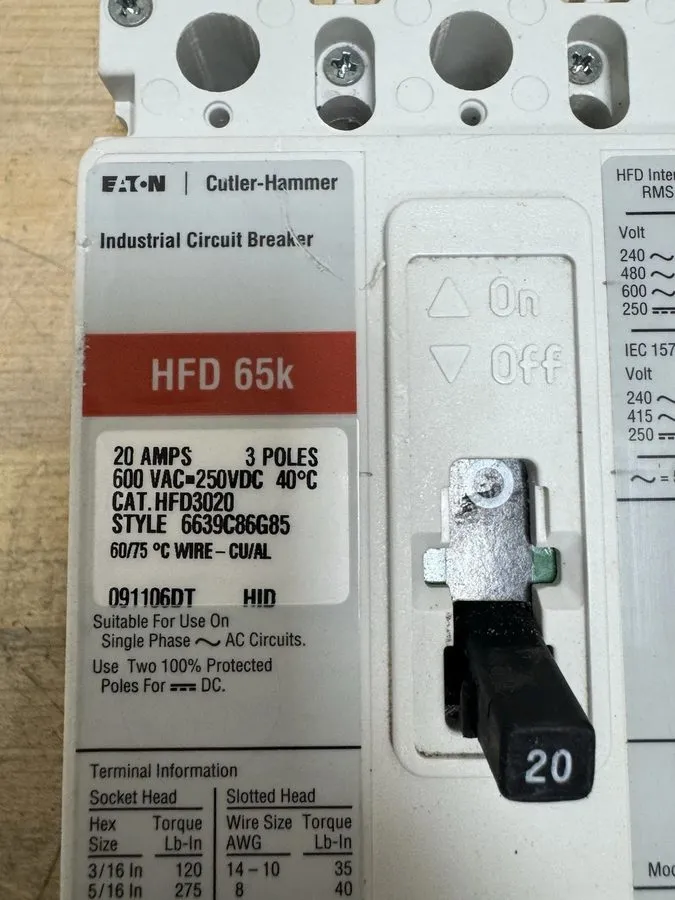 Автоматический выключатель EATON HFD3020 3 pole 20 amp 600 VAC 65kA@480v Type HF