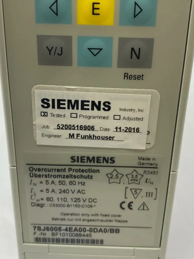 Реле защиты SIEMENS 7SJ6005-4EA00-0DA0/BB Overcurrent Protection Relay 125V dc