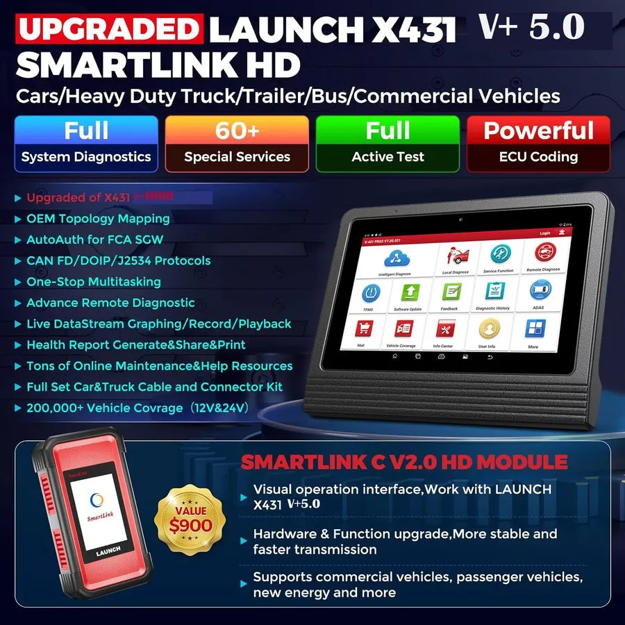 Диагностический сканер 2025 LAUNCH X431 PRO3S+Smartlink HD Heavy Duty Truck Diag