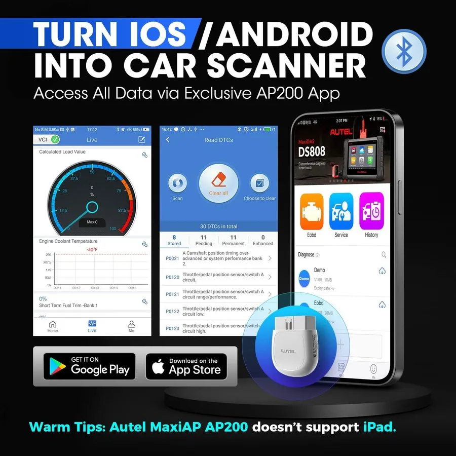 Диагностический сканер Autel MaxiAP AP200 OBD2 Scanner Bluetooth, Wireless Scann — фото лота 2