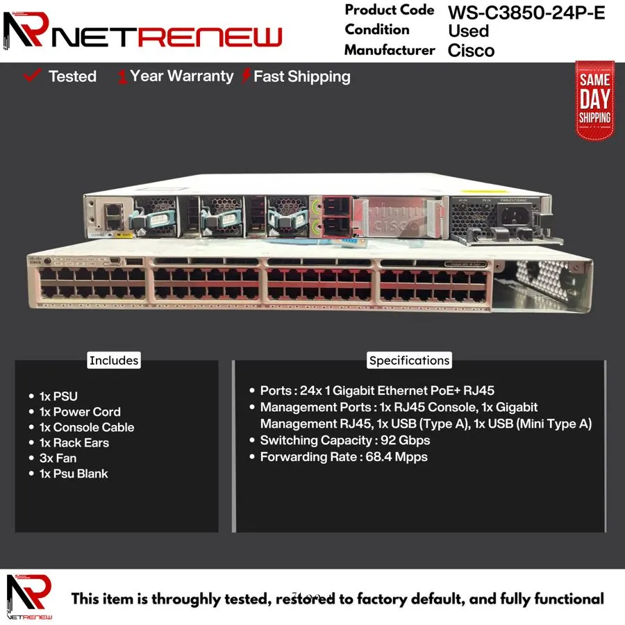 Коммутатор Cisco Catalyst WS-C3850-24P-E Switch 24 Port Gigabit PoE+ 715W