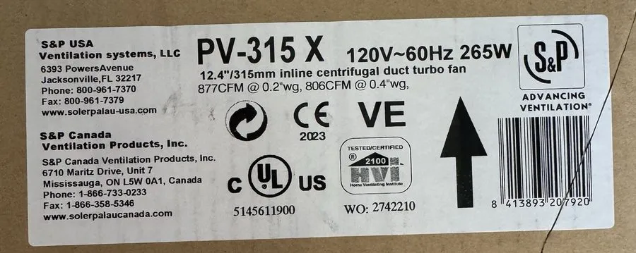 Вентилятор Soler & Palau Pv-315X Inline Centrifugal Duct Fan, 12 In. Dia