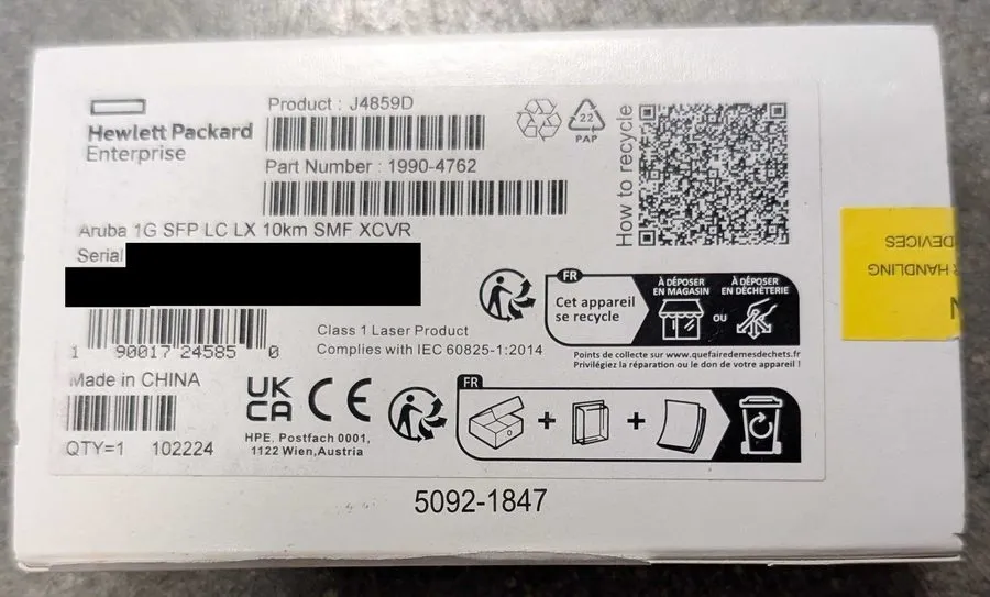 Трансивер J4859D HPE ARUBA NETWORKING 1G SFP LC LX 10KM SMF TRANSCEIVER J4859-61