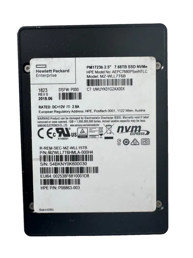 SSD-накопитель HPE SAMSUNG PM1723b 1.92TB 2.5" PCIe3.0 x4 NVMe U.2 SSD/Low Hours