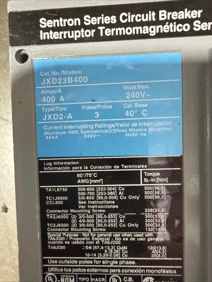 Автоматический выключатель ITE/SIEMENS SENTRON SERIES CIRCUIT BREAKER JXD23B400