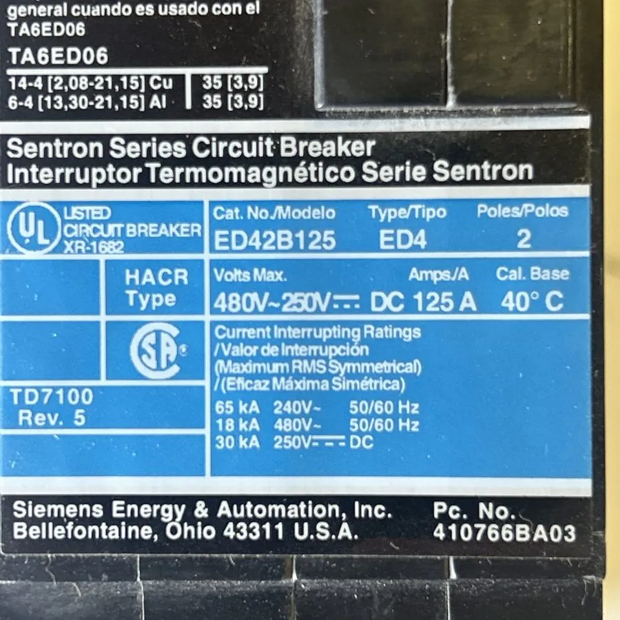 Автоматический выключатель Siemens Sentron ED42B125 125A 2-Pole Molded Case Circ