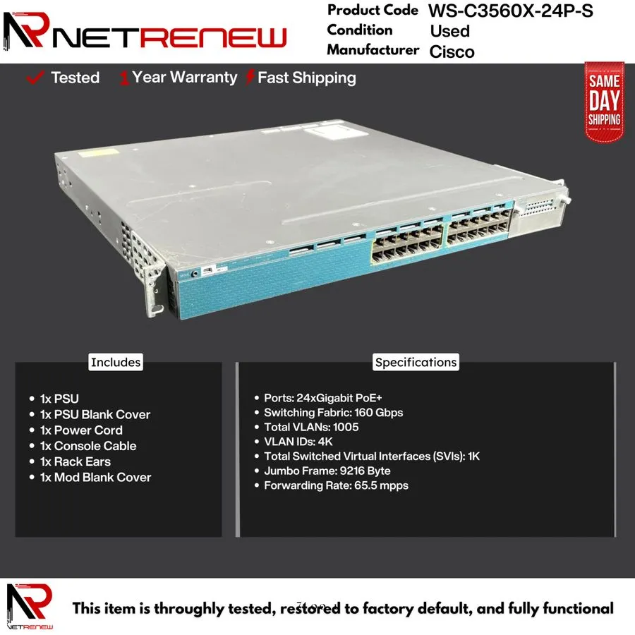 Коммутатор Cisco Catalyst WS-C3560X-24P-S 24-Port PoE+ Switch w/ C3KX-NM-10G