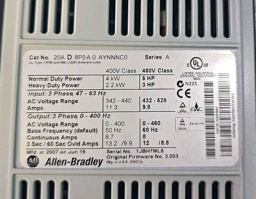 Частотный преобразователь Allen Bradley 20AD8P0A0AYNNNC0 PowerFlex 70 AC Drive,  — фото лота 1