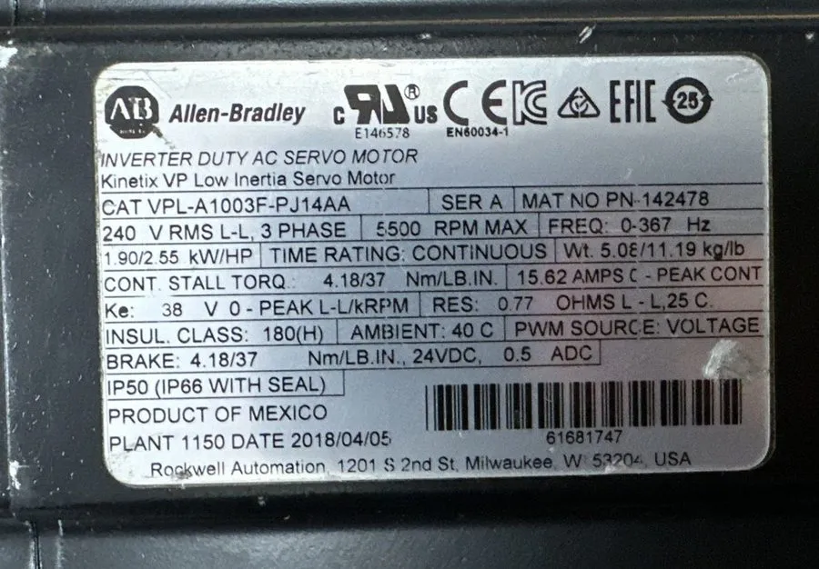Серводвигатель ALLEN-BRADLEY VPL-A1003F-PJ14AA INVERTER DUTY AC SERVO MOTOR GUAR