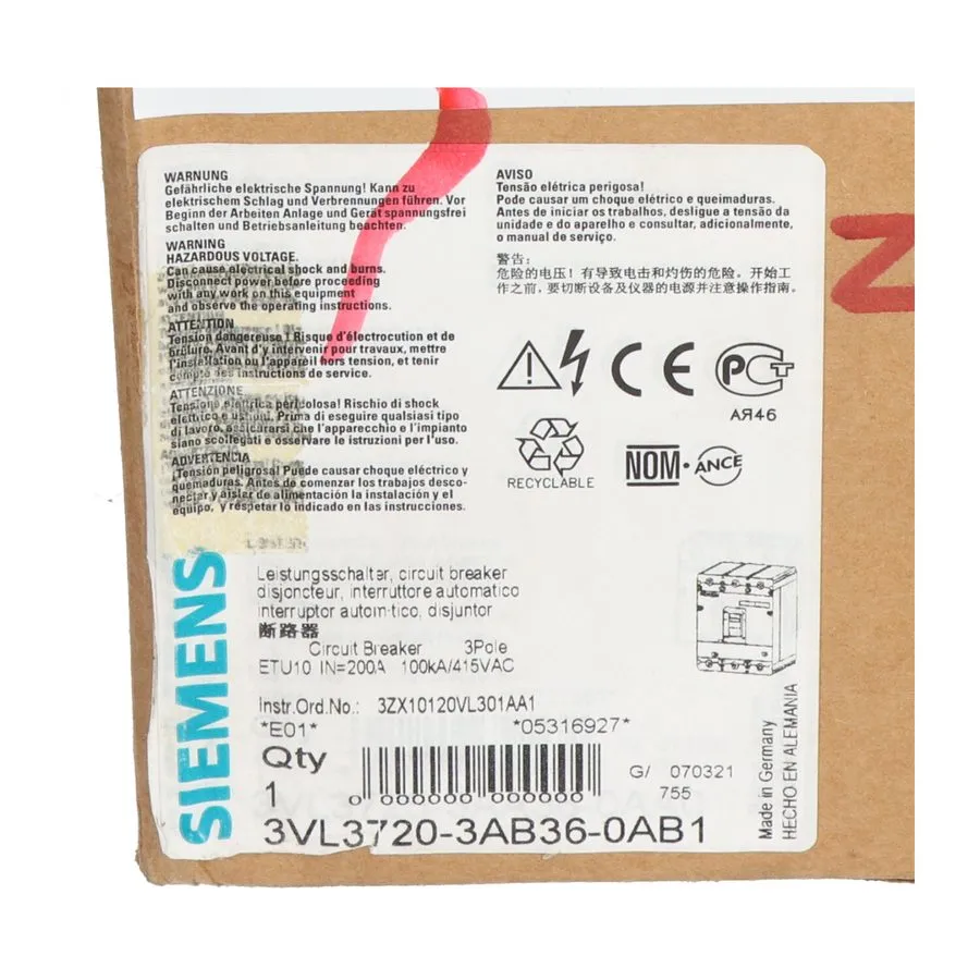 Автоматический выключатель Siemens 3VL3720-3AB36-0AB1 Circuit Breaker VL250L — фото лота 1