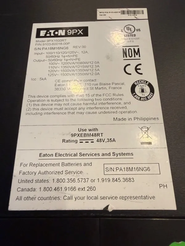 ИБП EATON 9PX1500RT Online UPS 1500VA 1350 Watt 120V 2U Rack