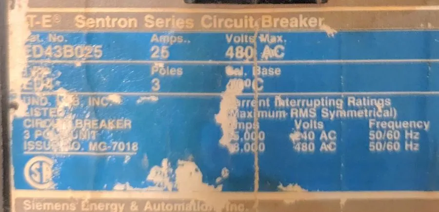 Автоматический выключатель Siemens Sentron ED43B025 Circuit Breaker 25A 3-Pole 4