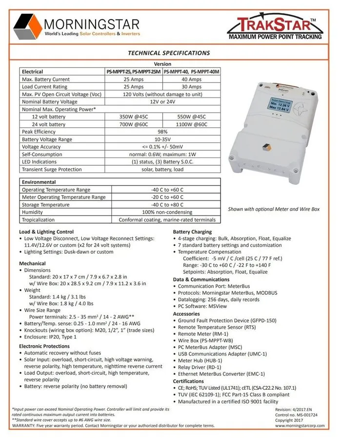 Аккумулятор Morningstar PS-MPPT-40 ProStar MPPT 40A Solar Charge Controller with