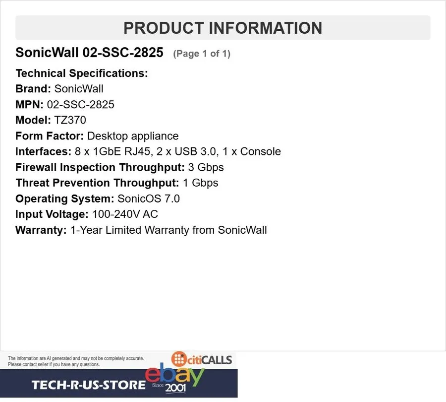 Межсетевой экран SonicWall 02-SSC-2825 TZ370 Network Security/Firewall Appliance