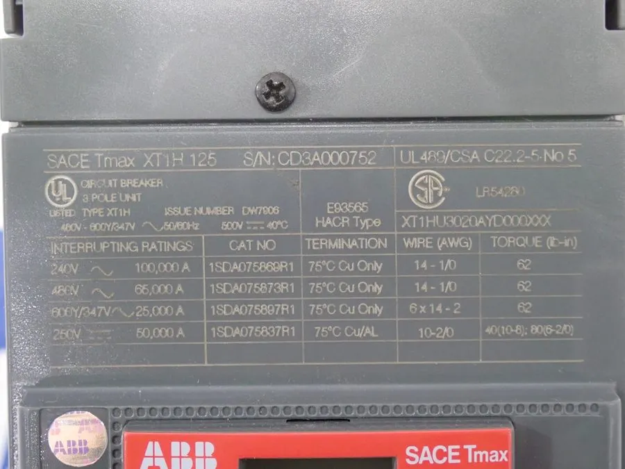 Автоматический выключатель ABB XT1HU3020AYD000XXX 3 Pole 20 Amp 600Y/347V 65kA@4 — фото лота 2