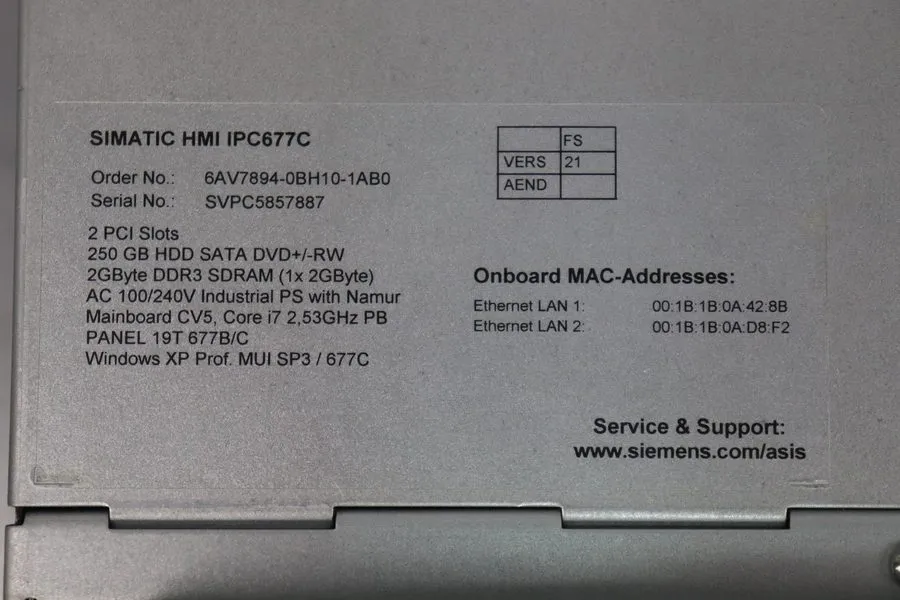 Промышленный компьютер Siemens HMI IPC677C Panel A5E02713398 A02 6AV7894-0BH10-1