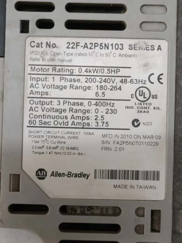 Частотный преобразователь Allen Bradley PowerFlex 4M 22F-A2P5N103 Inverter Drive